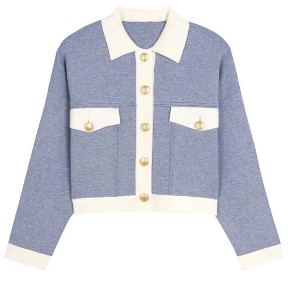 Sandro Polo Collar Knit Top Long Sleeve Contrasting Short Cardigan Top Size 1 - Picture 1 of 11